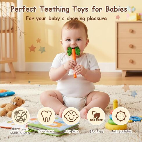 Baby Teething Toys Silicone Carrot Rabbit Hollow Teething Tubes -Sensory Chew Toys Over 3 Months - Teether Straws for Teething Relief -BPA Free Infant Toys Baby Shower Gifts Baby Essentials (1) in Kuwait