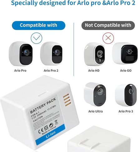 عبوتان من البطاريات القابلة لإعادة الشحن مع محطة شحن لكاميرات Arlo Pro وPro 2 وGo وكاميرات الأمان - بطاريات ليثيوم أيون عالية السعة 7.4 فولت 2440 مللي أمبير في الساعة مع ميزات أمان متقدمة in Kuwait