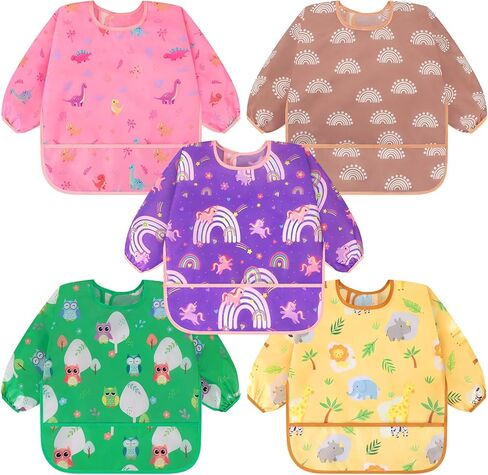 Accmor 5 Pack Long Sleeve Bibs, Baby Smock Waterproof Sleeved Bib Smock for Baby Toddler 6-36 Months in Kuwait