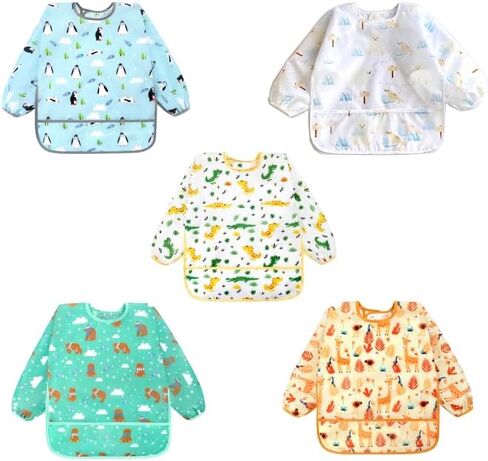 Accmor 5 Pack Long Sleeve Bibs, Baby Smock Waterproof Sleeved Bib Smock for Baby Toddler 6-36 Months in Kuwait