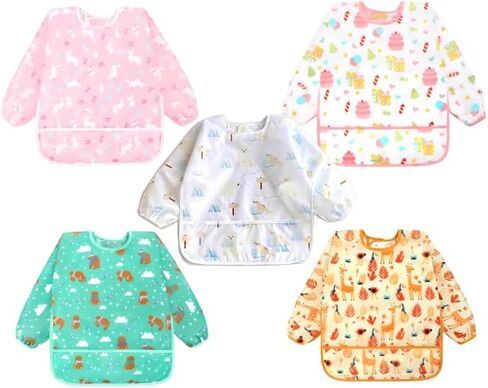 Accmor 5 Pack Long Sleeve Bibs, Baby Smock Waterproof Sleeved Bib Smock for Baby Toddler 6-36 Months in Kuwait