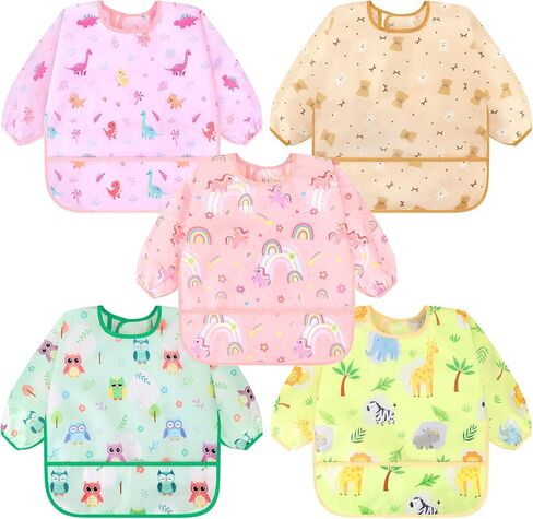 Accmor 5 Pack Long Sleeve Bibs, Baby Smock Waterproof Sleeved Bib Smock for Baby Toddler 6-36 Months in Kuwait