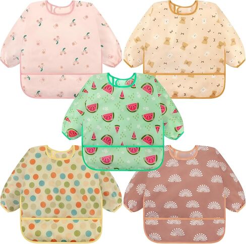 Accmor 5 Pack Long Sleeve Bibs, Baby Smock Waterproof Sleeved Bib Smock for Baby Toddler 6-36 Months in Kuwait