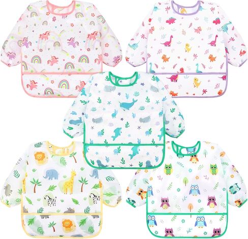 Accmor 5 Pack Long Sleeve Bibs, Baby Smock Waterproof Sleeved Bib Smock for Baby Toddler 6-36 Months in Kuwait
