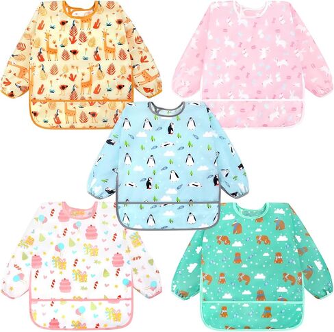 Accmor 5 Pack Long Sleeve Bibs, Baby Smock Waterproof Sleeved Bib Smock for Baby Toddler 6-36 Months in Kuwait