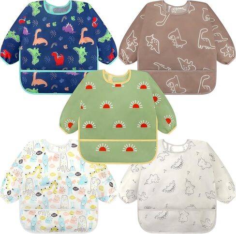 Accmor 5 Pack Long Sleeve Bibs, Baby Smock Waterproof Sleeved Bib Smock for Baby Toddler 6-36 Months in Kuwait