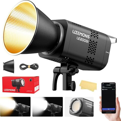 Godox Litemons LE200Bi 220W ثنائي اللون COB LED ضوء فيديو، حامل Bowens الاحترافي لإضاءة استوديو التصوير المستمر CRI/TLCI 98+ 57700 Lux@1m APP DMX Control فائق الهدوء لتسجيل الفيديو in Kuwait