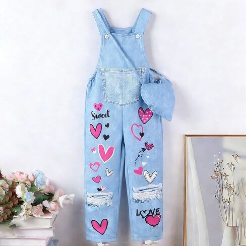 ملابس للفتيات الصغيرات بدون أكمام من قماش الدنيم مع طباعة حروف وفتحات على شكل قلب، بدلة جينز للأطفال الصغار مع حقيبة جيب in Kuwait