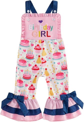 Toddler Baby 1st/2nd/3rd/4th Birthday Girl Outfit Summer Clothes Flare Bell Bottom Pants Overalls Cake Jumpsuit in Kuwait