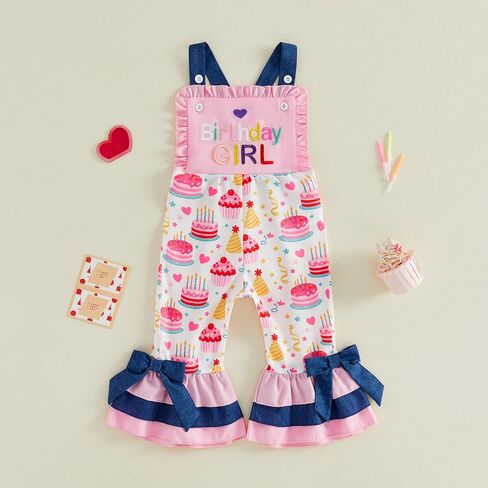 Toddler Baby 1st/2nd/3rd/4th Birthday Girl Outfit Summer Clothes Flare Bell Bottom Pants Overalls Cake Jumpsuit in Saudi Arabia