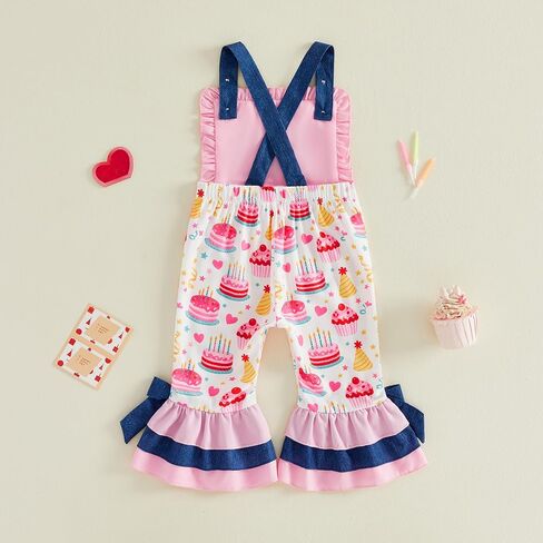 Toddler Baby 1st/2nd/3rd/4th Birthday Girl Outfit Summer Clothes Flare Bell Bottom Pants Overalls Cake Jumpsuit in Saudi Arabia