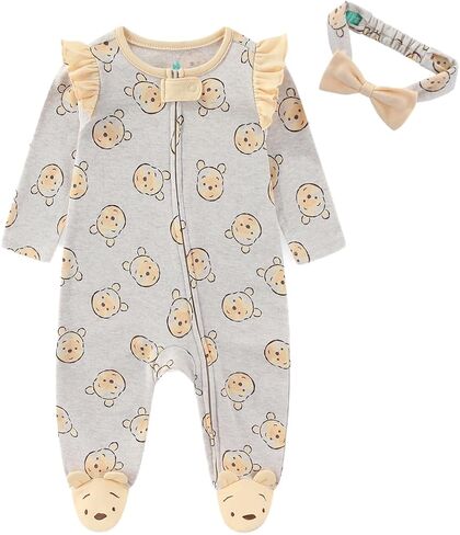 Disney Winnie the Pooh Baby Girls Long Sleeve Footies Coverall Romper With Headband for Newborn and Infant in Kuwait
