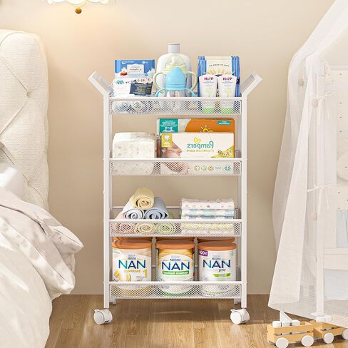 4-Tier Baby Diaper Caddy Cart, Diaper Caddy Organizer and Storage, Nursery and Baby Essentials Storage, Rolling Utility Cart for Bedroom and Bathroom, White in Kuwait