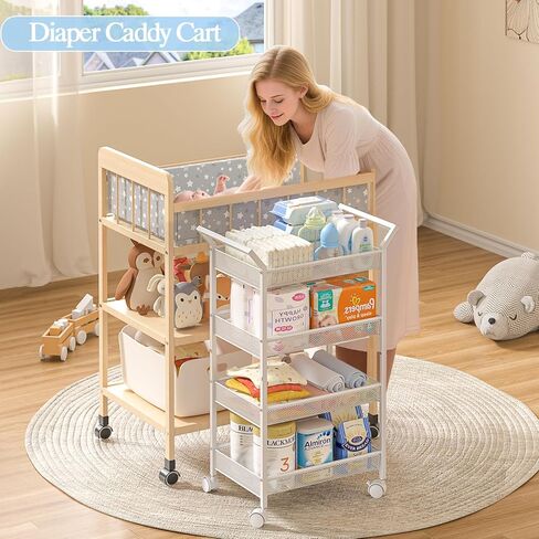 4-Tier Baby Diaper Caddy Cart, Diaper Caddy Organizer and Storage, Nursery and Baby Essentials Storage, Rolling Utility Cart for Bedroom and Bathroom, White in Kuwait