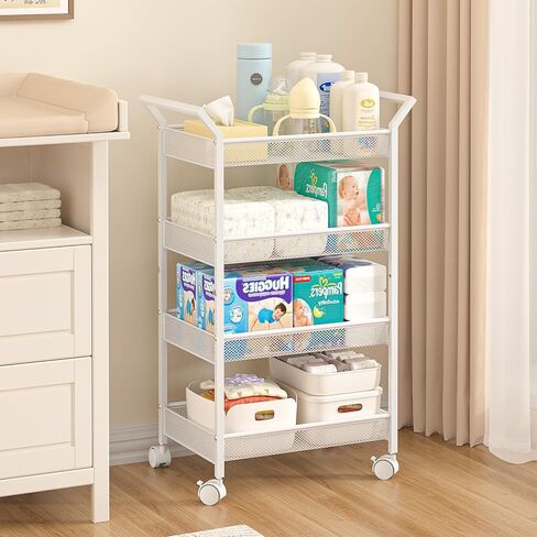 4-Tier Baby Diaper Caddy Cart, Diaper Caddy Organizer and Storage, Nursery and Baby Essentials Storage, Rolling Utility Cart for Bedroom and Bathroom, White in Kuwait