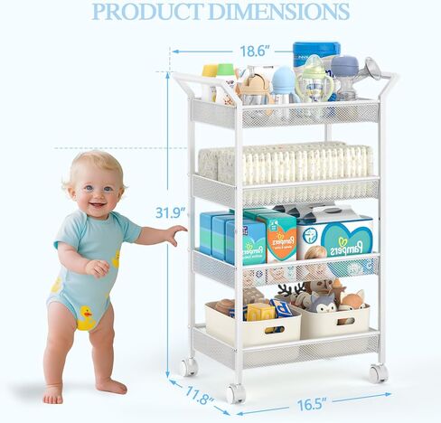 4-Tier Baby Diaper Caddy Cart, Diaper Caddy Organizer and Storage, Nursery and Baby Essentials Storage, Rolling Utility Cart for Bedroom and Bathroom, White in Kuwait