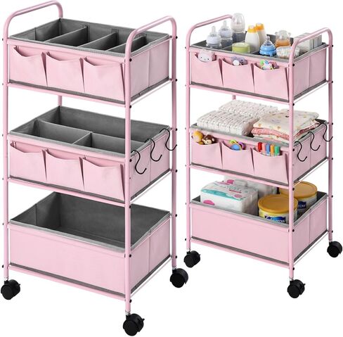 WILLBOND 3 Tier Pink Baby Diaper Caddy Organizer Cart with 4+3 Dividers Large Capacity Metal Utility Bedside Rolling Cart Newborn Registry Nursery Essential Must Have Crib Bedroom Baby Shower in Kuwait