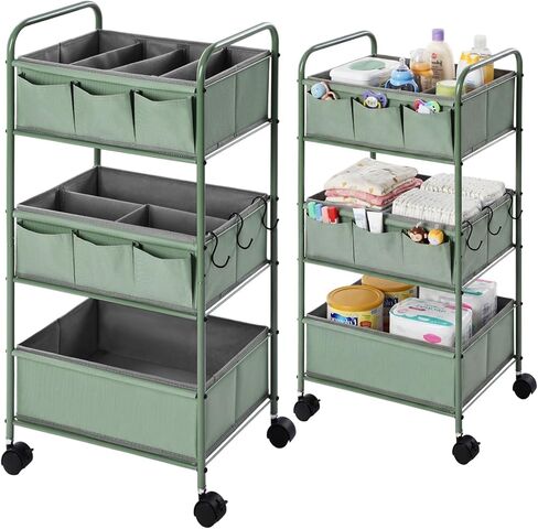 WILLBOND 3 Tier Pink Baby Diaper Caddy Organizer Cart with 4+3 Dividers Large Capacity Metal Utility Bedside Rolling Cart Newborn Registry Nursery Essential Must Have Crib Bedroom Baby Shower in Saudi Arabia