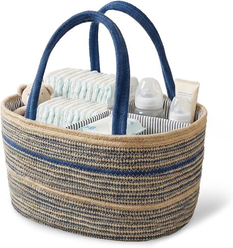 ZOES HOMEWARE Sapphire Blue Diaper Caddy Organizer, Jute Woven Baby Basket, Baby Caddy Nursery Storage Organizer, Shower Gifts for Newborn, Hand Woven Crafted (Brown&Blue),14.2"x 8.7"x7.1" in Kuwait
