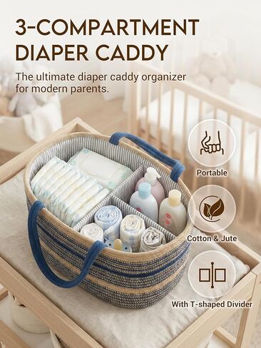 ZOES HOMEWARE Sapphire Blue Diaper Caddy Organizer, Jute Woven Baby Basket, Baby Caddy Nursery Storage Organizer, Shower Gifts for Newborn, Hand Woven Crafted (Brown&Blue),14.2"x 8.7"x7.1" in Kuwait