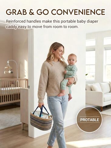 ZOES HOMEWARE Sapphire Blue Diaper Caddy Organizer, Jute Woven Baby Basket, Baby Caddy Nursery Storage Organizer, Shower Gifts for Newborn, Hand Woven Crafted (Brown&Blue),14.2"x 8.7"x7.1" in Kuwait