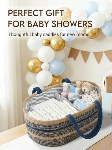 ZOES HOMEWARE Sapphire Blue Diaper Caddy Organizer, Jute Woven Baby Basket, Baby Caddy Nursery Storage Organizer, Shower Gifts for Newborn, Hand Woven Crafted (Brown&Blue),14.2"x 8.7"x7.1" in Kuwait