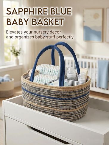 ZOES HOMEWARE Sapphire Blue Diaper Caddy Organizer, Jute Woven Baby Basket, Baby Caddy Nursery Storage Organizer, Shower Gifts for Newborn, Hand Woven Crafted (Brown&Blue),14.2"x 8.7"x7.1" in Kuwait