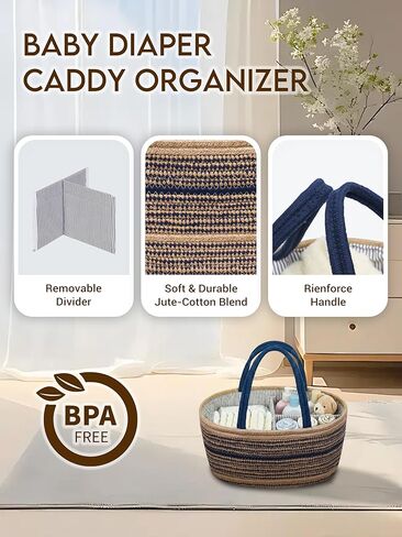 ZOES HOMEWARE Sapphire Blue Diaper Caddy Organizer, Jute Woven Baby Basket, Baby Caddy Nursery Storage Organizer, Shower Gifts for Newborn, Hand Woven Crafted (Brown&Blue),14.2"x 8.7"x7.1" in Kuwait