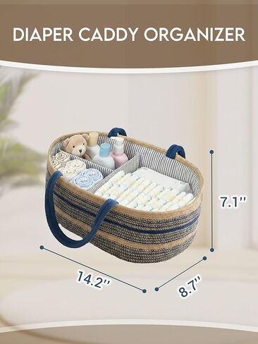 ZOES HOMEWARE Sapphire Blue Diaper Caddy Organizer, Jute Woven Baby Basket, Baby Caddy Nursery Storage Organizer, Shower Gifts for Newborn, Hand Woven Crafted (Brown&Blue),14.2"x 8.7"x7.1" in Kuwait