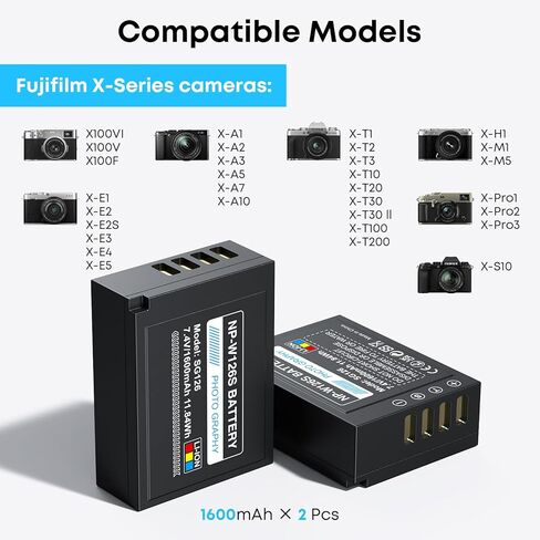 NP-W126 NP-W126S Battery 2-Pack 1600mAh and 2-Channel PD 20W USB Fast Charger for Fujifilm NP W126S, X100VI, X100V, XM5, XE5, XS10, XT30, XT30 II, XT20, X Half XE4, A5 Camera, with Magnetic Snap Cover in Kuwait