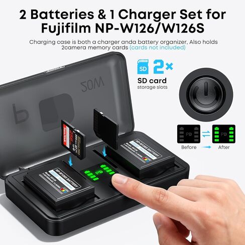 NP-W126 NP-W126S Battery 2-Pack 1600mAh and 2-Channel PD 20W USB Fast Charger for Fujifilm NP W126S, X100VI, X100V, XM5, XE5, XS10, XT30, XT30 II, XT20, X Half XE4, A5 Camera, with Magnetic Snap Cover in Kuwait