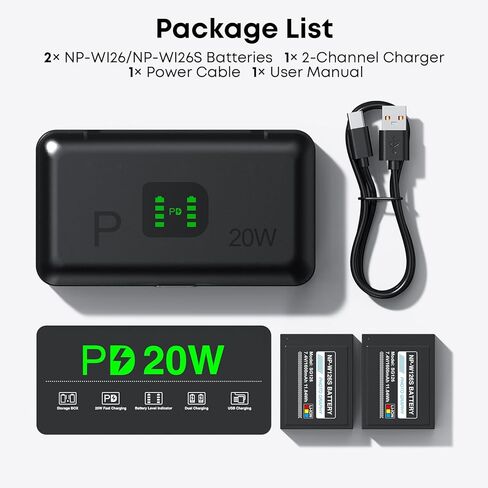 NP-W126 NP-W126S Battery 2-Pack 1600mAh and 2-Channel PD 20W USB Fast Charger for Fujifilm NP W126S, X100VI, X100V, XM5, XE5, XS10, XT30, XT30 II, XT20, X Half XE4, A5 Camera, with Magnetic Snap Cover in Kuwait