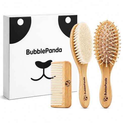 BubblePanda Baby Hair Brush and Comb Set – Ultra Soft Goat Hair Bristles, Natural Bamboo Baby Brush for Cradle Cap, Gentle Grooming Kit, Baby Registry Gift for Newborns & Toddlers in Kuwait