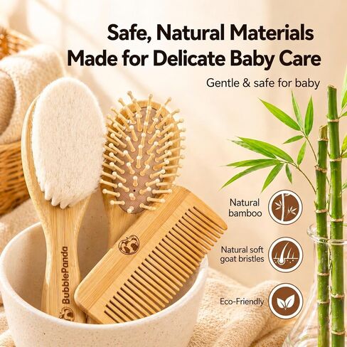 BubblePanda Baby Hair Brush and Comb Set – Ultra Soft Goat Hair Bristles, Natural Bamboo Baby Brush for Cradle Cap, Gentle Grooming Kit, Baby Registry Gift for Newborns & Toddlers in Kuwait