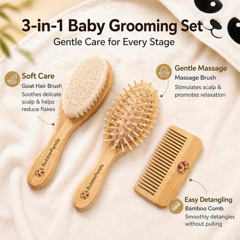 BubblePanda Baby Hair Brush and Comb Set – Ultra Soft Goat Hair Bristles, Natural Bamboo Baby Brush for Cradle Cap, Gentle Grooming Kit, Baby Registry Gift for Newborns & Toddlers in Kuwait