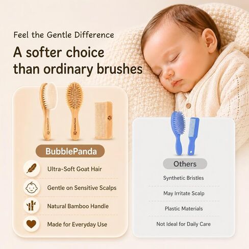 BubblePanda Baby Hair Brush and Comb Set – Ultra Soft Goat Hair Bristles, Natural Bamboo Baby Brush for Cradle Cap, Gentle Grooming Kit, Baby Registry Gift for Newborns & Toddlers in Kuwait