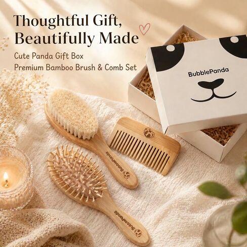 BubblePanda Baby Hair Brush and Comb Set – Ultra Soft Goat Hair Bristles, Natural Bamboo Baby Brush for Cradle Cap, Gentle Grooming Kit, Baby Registry Gift for Newborns & Toddlers in Kuwait