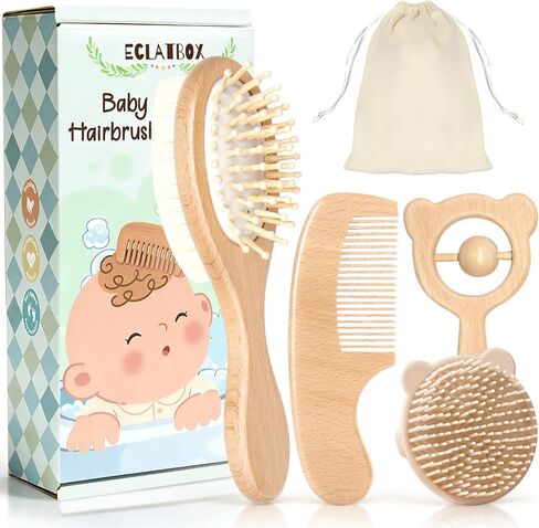 Baby Hair Bush and Comb Set, 5 Pack Wooden Baby Brush with Soft Goat Bristle for Newborns and Toddlers, Perfect for Cradle Cap, Baby Registry Gift, Infant Essentials Care Kit in Saudi Arabia