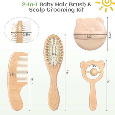 Baby Hair Bush and Comb Set, 5 Pack Wooden Baby Brush with Soft Goat Bristle for Newborns and Toddlers, Perfect for Cradle Cap, Baby Registry Gift, Infant Essentials Care Kit in Saudi Arabia