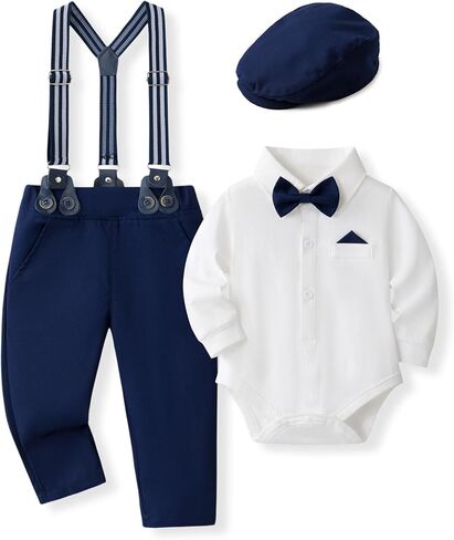 Kimocat Baby Boy Outfits Suits Infant Formal Tuxedo Suits Gentleman Wedding Shirt+Beret Hat+Suspender Pants+Bowtie in Saudi Arabia