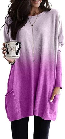 Womens Long Tunics for Leggings Long Sleeve V Neck Shirts with Pockets Casual Loose Dressy Blouses Pullover Tops in Kuwait