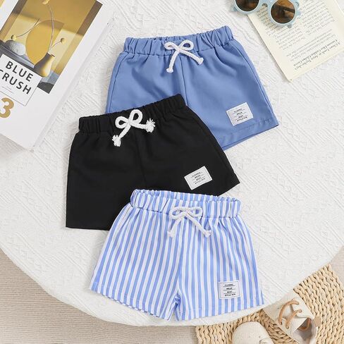 3-Pack Baby Boy Shorts, Soft Cotton Elastic Waist Toddler Shorts with Stripes & Solids for Casual Play in Kuwait