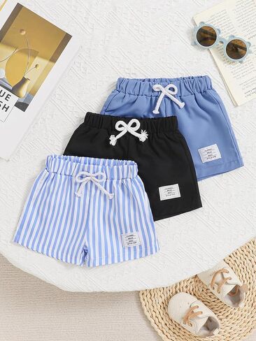 3-Pack Baby Boy Shorts, Soft Cotton Elastic Waist Toddler Shorts with Stripes & Solids for Casual Play in Kuwait