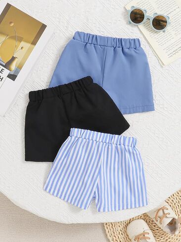 3-Pack Baby Boy Shorts, Soft Cotton Elastic Waist Toddler Shorts with Stripes & Solids for Casual Play in Kuwait