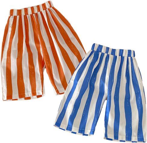 Boys' Summer Shorts Kids Wave Striped Capri Pants Loose 3/4 Long Shorts Elastics Waist Harem Casual Trousers 2Pcs in Kuwait