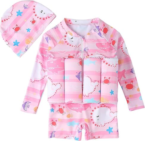 IDOPIP Kids Baby Boys Girls Float Suit Printed Floatation Swimsuit with Adjustable Buoyancy Floating Swimwear Toddler One Piece Bathing Suit Long Sleeve Swimming Beachwear with Cap Pink 2-3 Years in Kuwait