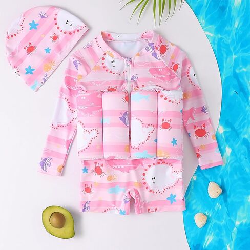 IDOPIP Kids Baby Boys Girls Float Suit Printed Floatation Swimsuit with Adjustable Buoyancy Floating Swimwear Toddler One Piece Bathing Suit Long Sleeve Swimming Beachwear with Cap Pink 2-3 Years in Kuwait