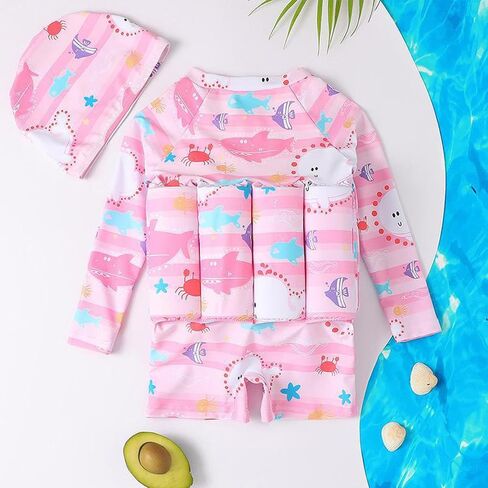 IDOPIP Kids Baby Boys Girls Float Suit Printed Floatation Swimsuit with Adjustable Buoyancy Floating Swimwear Toddler One Piece Bathing Suit Long Sleeve Swimming Beachwear with Cap Pink 2-3 Years in Kuwait