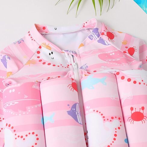 IDOPIP Kids Baby Boys Girls Float Suit Printed Floatation Swimsuit with Adjustable Buoyancy Floating Swimwear Toddler One Piece Bathing Suit Long Sleeve Swimming Beachwear with Cap Pink 2-3 Years in Kuwait