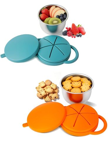 2 Pack Stainless Steel Snack Cups for Toddlers Spill Proof, Toddler Snack Containers with Spill-Proof Silicone Lids & Handles, Dishwasher Safe Perfect for Mess-Free Snacking (Orange+Blue) in Kuwait